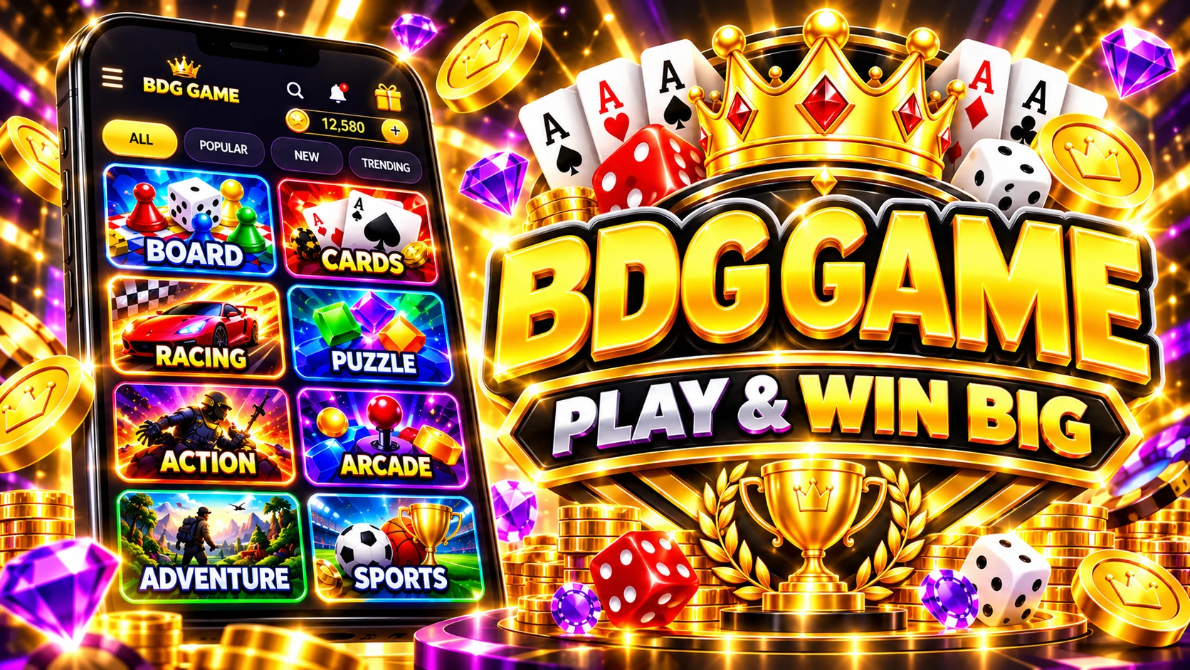 BDG Game promotional banner featuring a mobile game menu and board, card, racing, puzzle, action, arcade, adventure, and sports tiles.