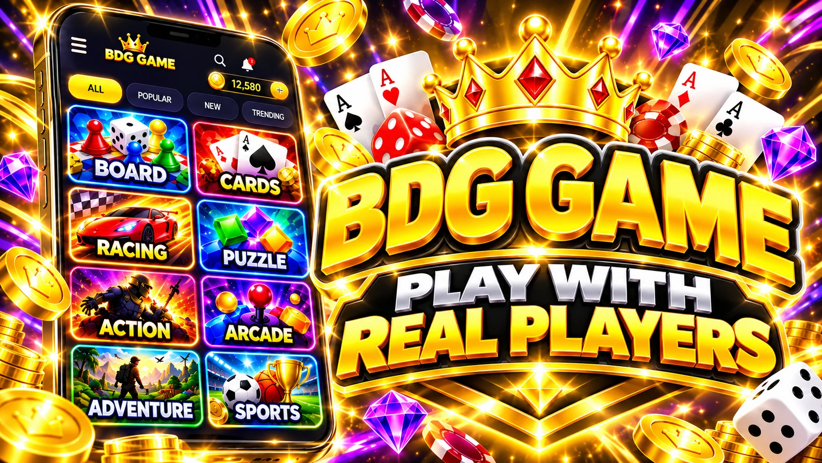 BDG Game promotional banner with a mobile games menu, card and board games, and a player-focused tagline.