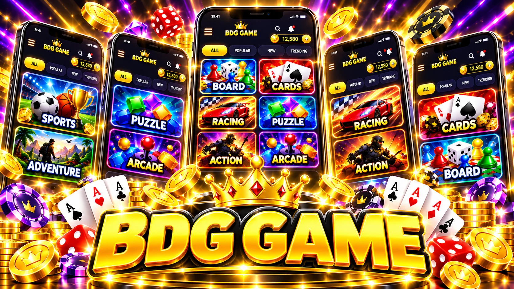BDG Game collage showing several phones with game categories and a large crown logo.