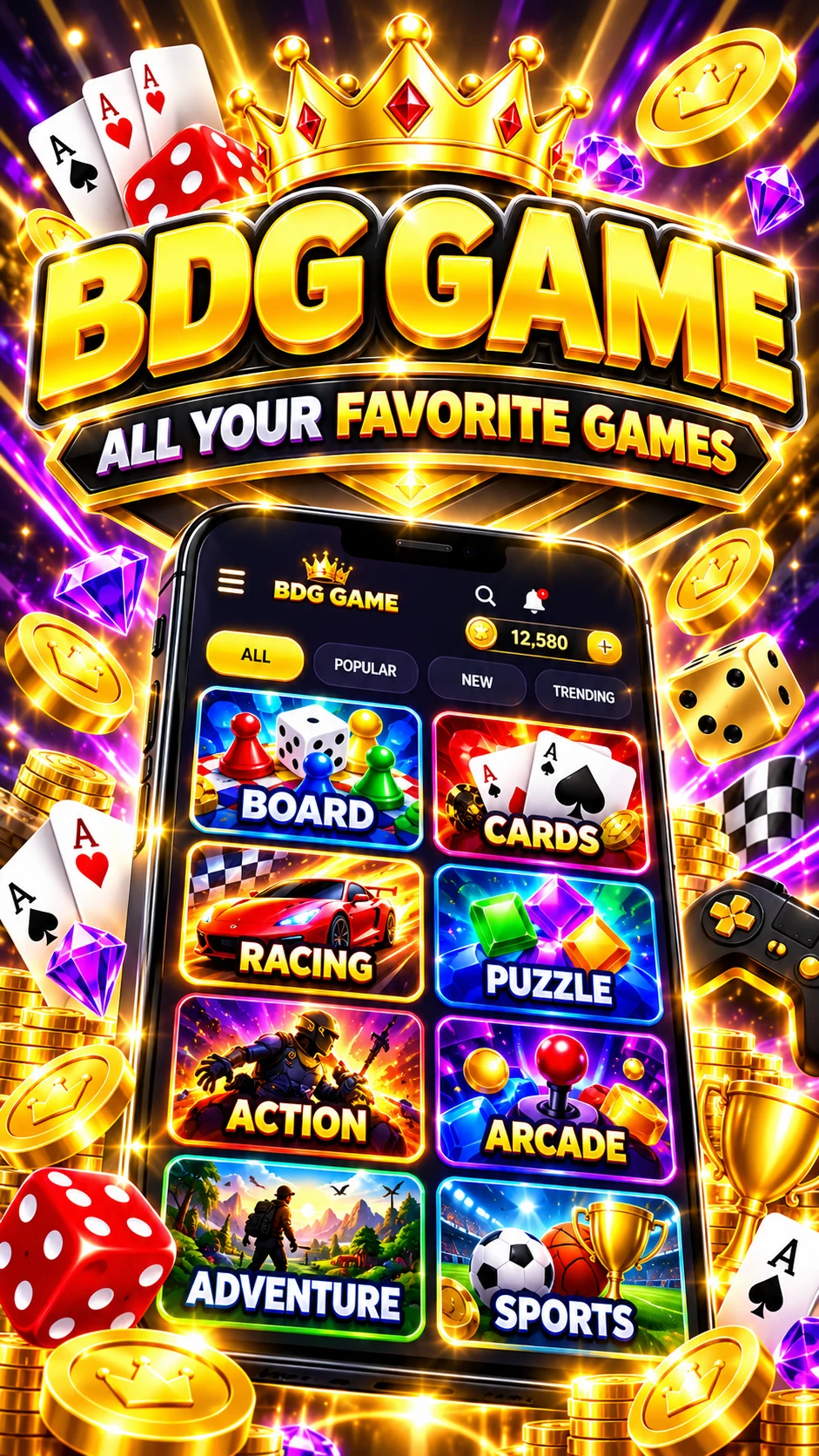 BDG Game vertical poster with a games catalog screen and board, cards, racing, puzzle, action, arcade, adventure, and sports tiles.